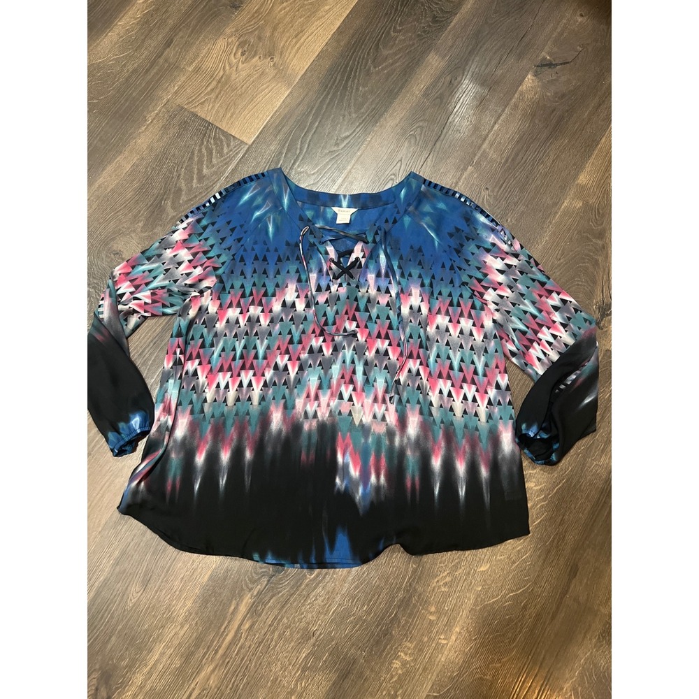 Ariat Womens Blue Pink Geometric Triangle Print Lace Up V-Neck Blouse Large